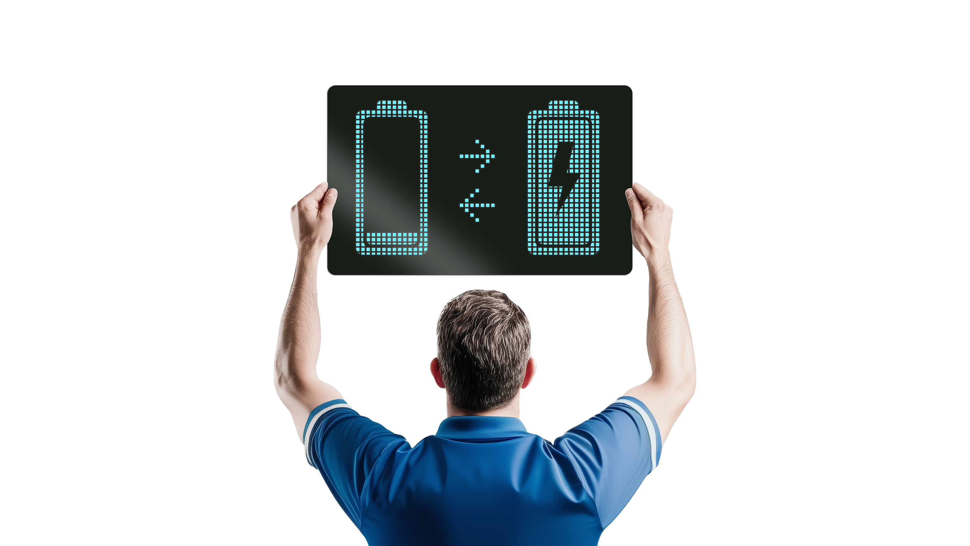 Mann hält Schild mit vollem und leeren Akku hoch